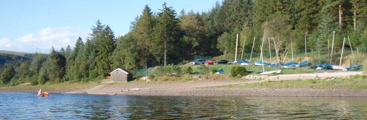 A view from the water of the boat park and slipways.
